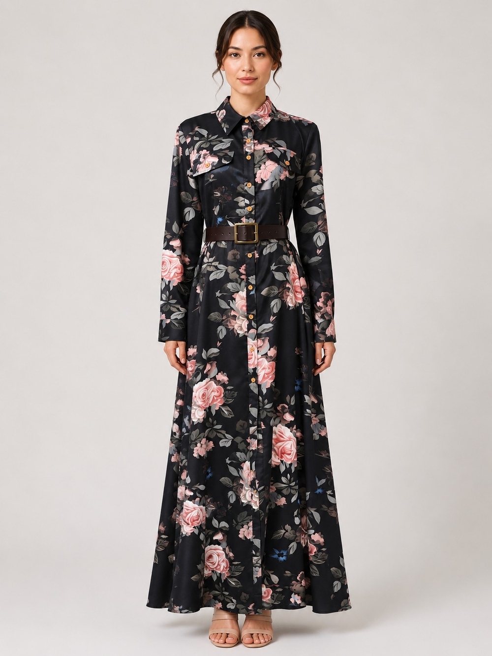 Boutique NWOT Black Floral Button-Front Maxi Shirt Dress with Belt Sz M